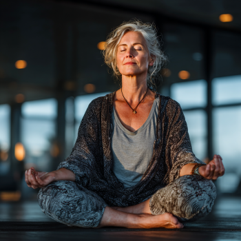 Възрастна жена прави йога упражнения